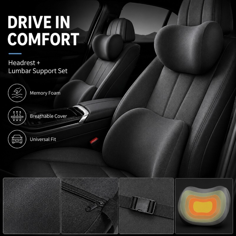 Memory Foam Car Neck Pillow Lumbar Support - Araba Koltuk Başlığı Boyun Yastığı ve
