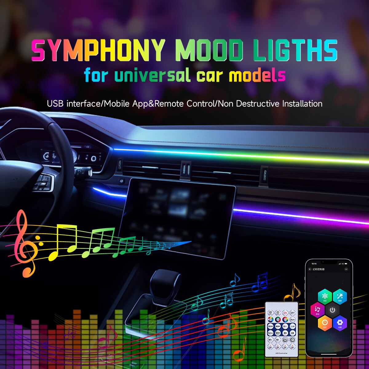 Led Ambient Interior Car Lights App Control - Araba USB 64 Renk Akrilik Şeritler
